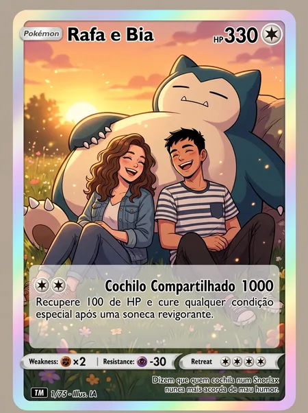 Carta de um casal rindo encostado num Snorlax adormecido, num campo ao pôr do sol