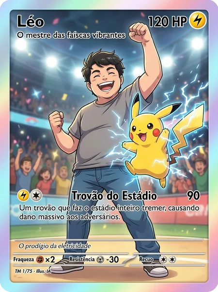 Carta de um rapaz de camiseta cinza comemorando com o punho erguido ao lado de um Pikachu soltando faíscas numa arena lotada