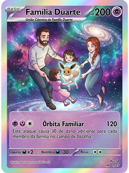 Carta de uma família de quatro flutuando entre galáxias com um Eevee brilhando no colo