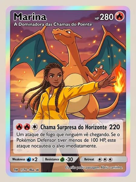 Carta de uma mulher de jaqueta amarela numa praia com um Charizard batendo asas atrás