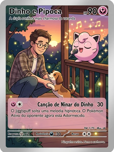 Carta de um homem e seu cachorro numa varanda à noite, com um Jigglypuff cantando